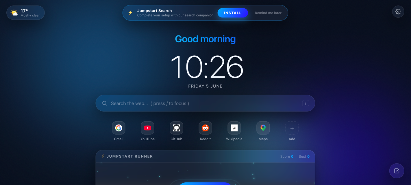 Jumpstart Newtab dashboard with greeting, clock, search bar, quick links and the Jumpstart Runner game